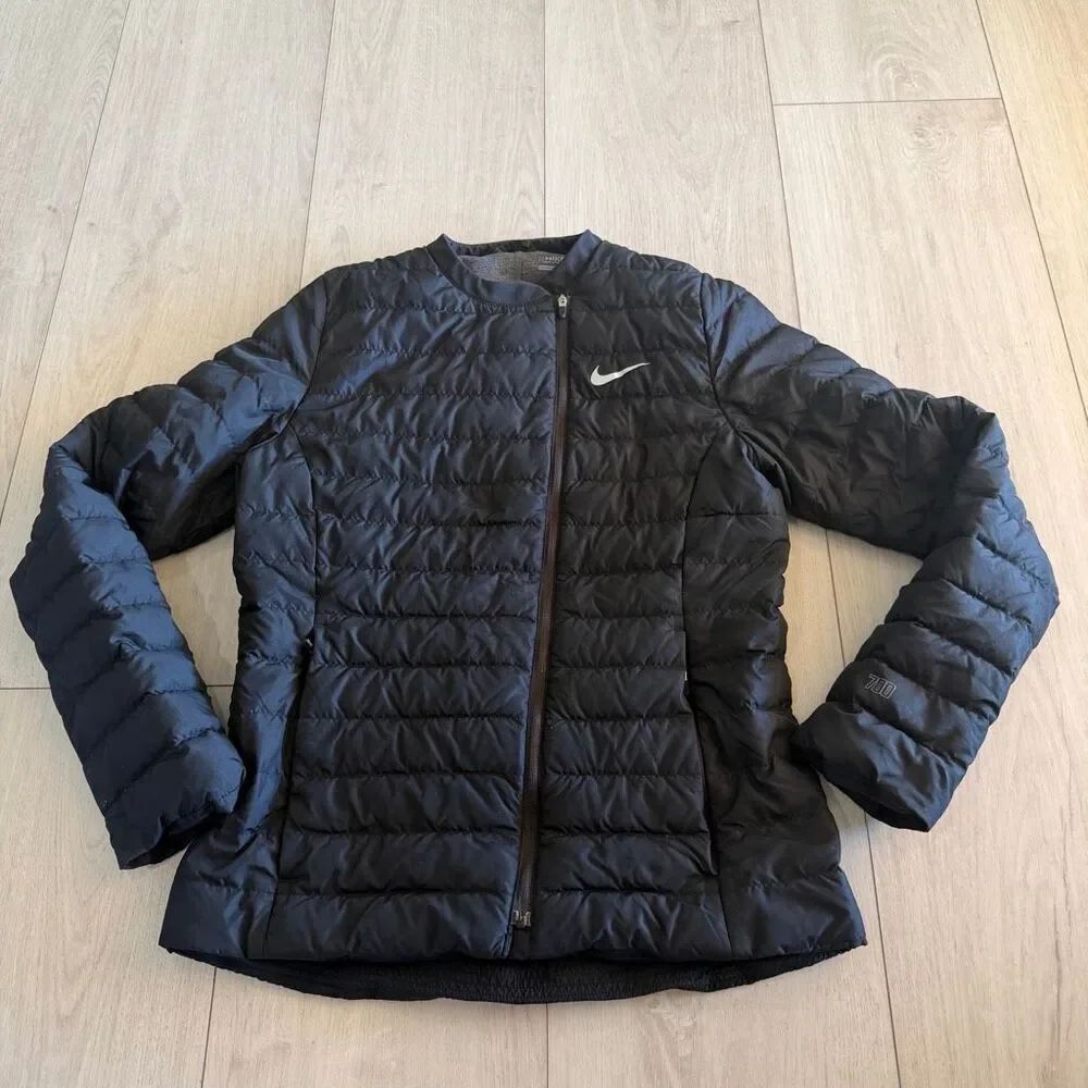 Nike Black Puffer Jacket Women Small Asymmetrical 700 Goose Down Golf